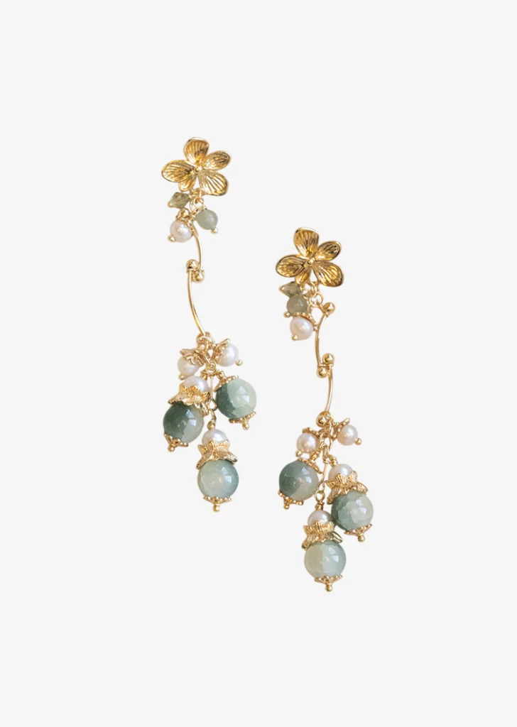 handmade jade pearl flower earrings featuring natural Hetian jade, freshwater pearls, and 14K gold-plated floral details from the Dewdrop Collection