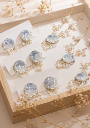 resin pearl earrings and necklace set with real flowers and gold-plated accents from the Mist Tide Series